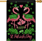 Dyrenson Happy St Patricks Day Flamingo 28 x 40 House Flag Double Sided, Lucky Shamrock Clover Black Garden Yard Decoration, Spring Irish Love Hearts Burlap Outdoor Decor Decorative Large Flag