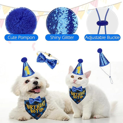 EXPAWLORER Dog Birthday Party Supplies - Dog Birthday Bandana Scarf and Party Hat with Numbers Boy Girl Pet Bow Tie, Cute Outfit for Small Medium Large Dogs (Small)