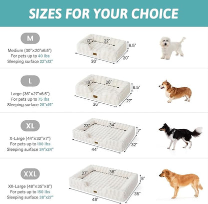 Orthopedic Dog Bed for Large Medium Size Dog, Soft and Warm Faux Fur Sofa for Pet Up to 75 lbs, Foam Bolster Anti-Slip Couch with Washable Removable Cover, L 36x27x6.5 inch, Beige