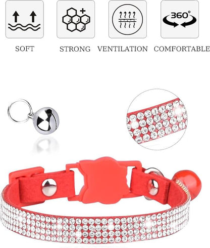 Solmoony Breakaway Cat Collars with Bell,Adjustable Safe Kitten Collar,Cat Collars for Girl Cats with Rhinestone Soft Velvet (Pink)