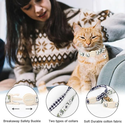 ARING PET 2 Pack Cat Collar-Cute Cotton Cat Collar with Bell & Pendant, Adjustable Dinosaur Kitten Collars with Safety Buckle for Girl and Boy Pets