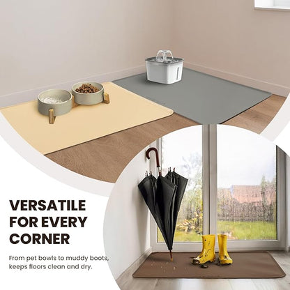 VIVAGLORY Dog Food Mat Flexmat Dog Bowl Mat, Placemat Food Tray with Raised Edges & Lip for Indoor Floor, Non Slip Waterproof Silicone Dish Placemat for Cat & Pet, S, Light Grey
