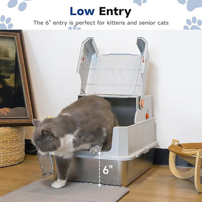TENTIZON Stainless Steel Cat Litter Box with Lid, Large Covered Enclosed Kitty Litterbox with Hood, Flip Top, High Side, Litter Mat, Scoop for Big Cats, Kitten, No Odor, No Mess, Easy Clean