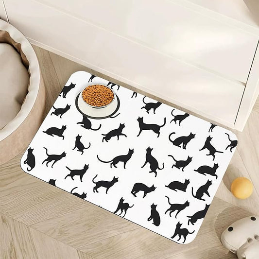 Funny Black Cat Dog Food Mat,Absorbent Pet Feeding Mat with Rubber Backing,Non-Slip Water Bowl Placemat,Indoor Pet Accessories Supplies 12"x20"