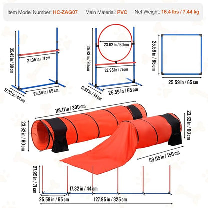 VEVOR Dog Agility Course Backyard Set, 13pcs Agility Training Equipment for Dogs, 2 Tunnels with Sandbags,Adjustable Hurdles,Weave Poles,Jump Ring,Pause Box, Puppy Obstacle Course Kit with Storage Bag