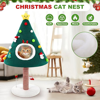 36.6 Inch Christmas Cat Tower with Cat Scratching Post and Green House Scratcher Tall Tree Tower Nature Sisal Christmas Tree Scratcher Activity Center Play Condo for Indoor