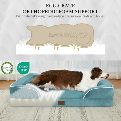 Comfort Expression Orthopedic Dog Bed for Large Dogs 36x27 Inch, Waterproof Supportive Egg Crate Foam Large Pet Bed with Removable Bolster, Dog Couch with Washable Cover & Non-Slip Bottom, Washed Blue