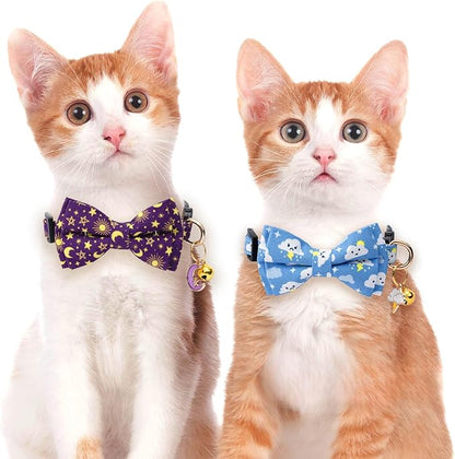 2 Pack Cotton Cat Collar with Bow Tie and Bell for Girl Boy Cats,Cute Pink Flamingo and Blue Whale Pattern Spring Summer Breakaway Cat Collar for Male Female Cats (Moon&Cloud)
