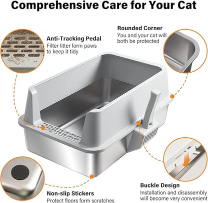 Stainless Steel Litter Box,XL Metal Cat Litter Box with Lid High Sides, Extra Large Litter Boxes for Big Cats,Odor-Resistant, Scratch-Proof, Easy to Clean, Non-Stick,Scoop Included