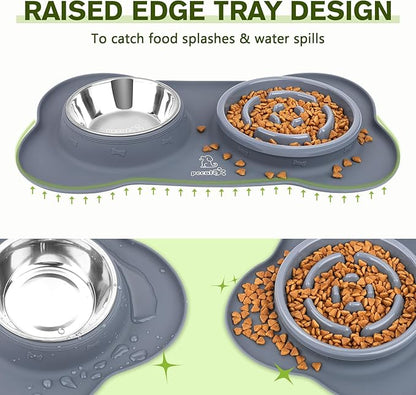 Pecute Slow Feeder Dog Bowls to Slow Down Eating, Dog Bowl Slow Feeder with No-Spill Non-Skid Silicone Mat, Food-Grade Safe Dog Food Bowls Slow Feeder, Stainless Steel Dog Water Bowl for Dogs Cats