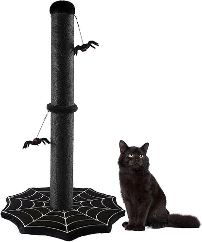 Gothic Cat Scratching Post with Spider Dangling Toys for Indoor Large Cats, Halloween Spooky Cat Scratcher,Activity Cat Play Center Cat Tree Tower Furniture with Cobweb Base,Black,Large