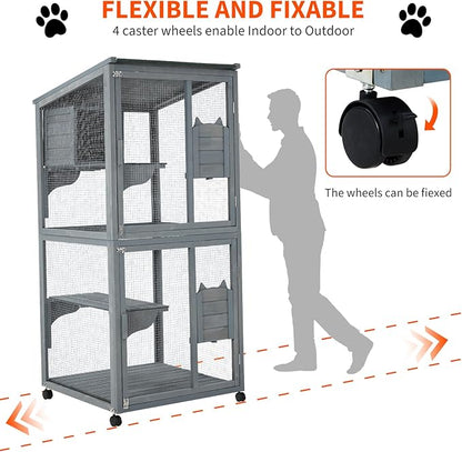 69-Inch Catio, Wooden Cat Enclosure, 4-Tier Cat House w/Waterproof Roof, Removable Tray, Nesting Box and Lockable Caster, Indoor and Outdoor Use, Easy to Clean, Multiple Accesses, Grey