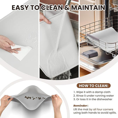 VIVAGLORY Dog Food Mat Flexmat Dog Bowl Mat, Placemat Food Tray with Raised Edges & Lip for Indoor Floor, Non Slip Waterproof Silicone Dish Placemat for Cat & Pet, L, Grey