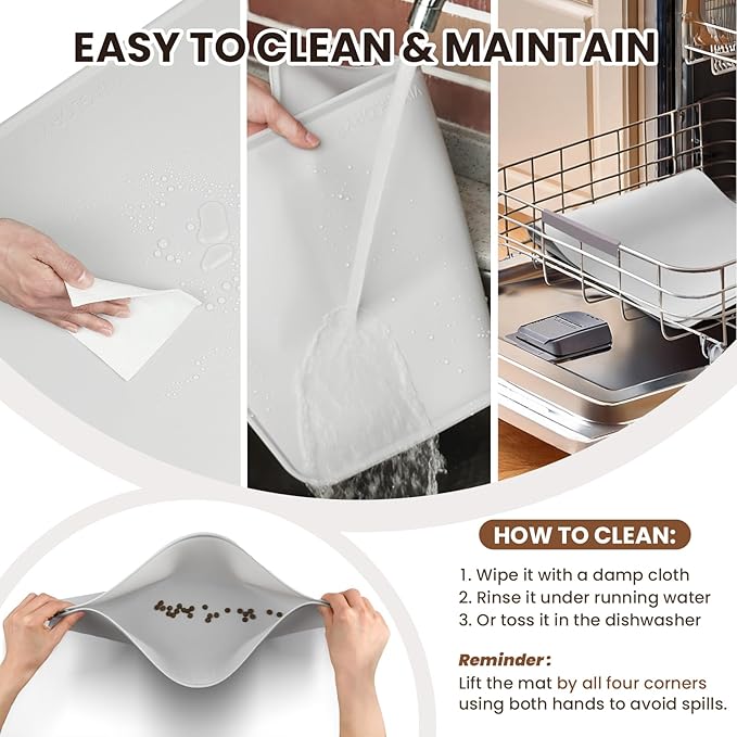 VIVAGLORY Dog Food Mat Flexmat Dog Bowl Mat, Placemat Food Tray with Raised Edges & Lip for Indoor Floor, Non Slip Waterproof Silicone Dish Placemat for Cat & Pet, L, Black