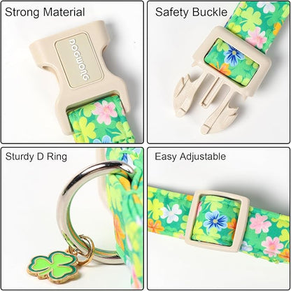 DOGWONG St. Patrick Dog Collar, Comfortable Adjustable Green Clover Pattern Dog Collar for Large Male Female Dogs,XL