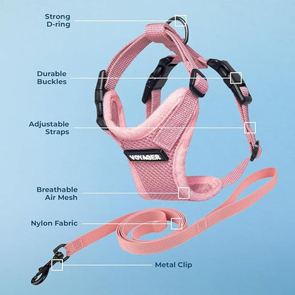 Voyager Escape-Proof Step-in Lock Cat Harness & 5ft Neoprene-Handle Leash Set All-Weather Mesh with Reflective Stitching for Small to Large Cats by Best Pet Supplies, Pink, S