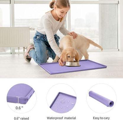 Dog Food Mat,Silicone Waterproof Food Tray,Non Slip Pet Bowl Mats Placemat,0.6" Raised Edge,Suitable for Most Small and Medium Sized Pets,24" x 16"