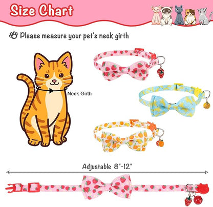 Breakaway Cat Collar with Removable Bow Tie and Bell, Cute Multi-Style Patterns, 3 Pack Safety Buckle Kitten Collars, Adjustable Pet Collar for Cats Puppy (Style B - Fruit)