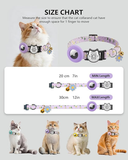 Smart Breakaway Cat Collar with QR Code Pet ID, Built-in AirTag Holder, Adjustable Cotton Cat Collar with Bell for Kittens and Adult Cats ，Pastoral Style with airtag Holder(Purple)