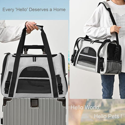 Dog Cat Carrier Soft for Small Pet Up to 16 Lbs TSA Airline Approved Travel Carrier Collapsible Puppy Car Mesh Bag 17.5 * 10.2 * 11.4 inch - Grey & Black