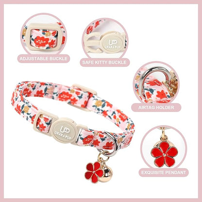 Cat Collar,2Pack Summer Cat Collars Cute Breakaway,Spring Green Leaf Flower Kitten Collar with Bell, Kitty Collars with Safety Buckle for Girl & Boy Cats