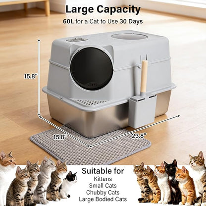 Stainless Steel Litter Box with Lid,XL Large Enclosed Cat Litter Box for Big Cats,Front & Top Entry Metal Litterbox, Odor Control,Anti-Leakage, Non-Sticky, Includes Mat&Scoop,23.8 x 15.8 x 15.8 inches