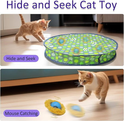 Interactive Cat Toys Ball Fast Rolling in Pouch, Motion Activate Chirping Cat Toy Hide and Seek Mouse Catching Game (Green Polka dot)