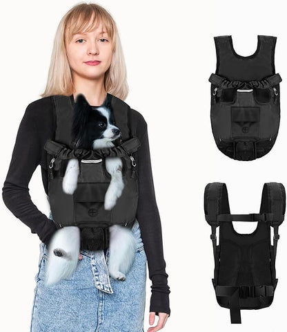 Petmolico Pet Dog Carrier Backpack, Adjustable Dog Legs-Out Front Backpack, Hands-Free Cat Pup Front Carrier Travel Bag, Easy-fit for Traveling Hiking for Small Medium Dogs, XL, Black