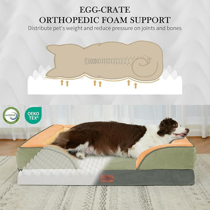Comfort Expression Orthopedic Dog Bed for Large Dogs 36x27 Inch, Waterproof Egg Crate Foam Large Pet Bed with Removable Bolsters, Dog Couch with Washable Cover & Non-Slip Bottom, Avocado