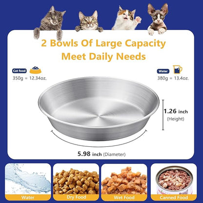 2-Pack Stainless Steel Cat Food Bowls, Shallow Whisker-Friendly Non-Slip Silicone Base Metal Dishes, Easy to Clean Indoor Water Flat Plates for Cat, Kitten, Small Dog (5.9")