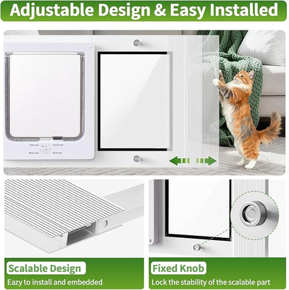 Aluminum Frame Window Cat Door with Magnetic Auto Closure, Horizontal Adjustable Width Quick-Fit Pet Door for Window Insert, Suitable for Most Medium Cats & Small Dogs