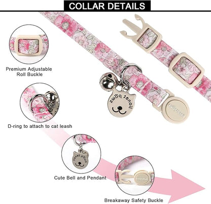 Lionet Paws 2pcs Pack Cotton Cat Collar,Breakaway Buckle with Floral Pattern and Brand Pendant Cute Adjustable Cat Kitten Collar,Ideal for Girl Cats