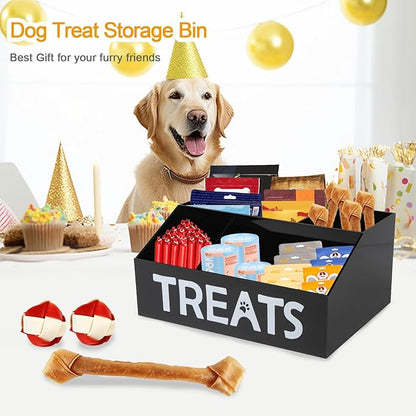 Dog Treat Organizer,4 Compartments Dog Treat Station, Trapezoid Dog Treat Container for Countertop, Cat Treat Storage Bin, Ideal for Dog Cat Bagged Snack or Can Food-Black