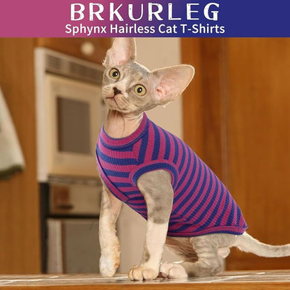 BRKURLEG Sphynx Hairless Cats Shirt Puppy Clothes Soft Cotton T-Shirts Cute Cats Pajamas Cat Stripes Vest Pet Sweater, Round Collar Vest Kitten Shirts(PinkBlue Stripes, L)