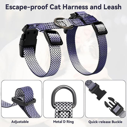 Cat Harness and Leash Set, 3-in-1 Escape Proof Adjustable, Comfortable Soft Lightweight, Safe, Easy to Wear, Walking Travel Kitten Harness for Small Medium Large Cats (Purple)