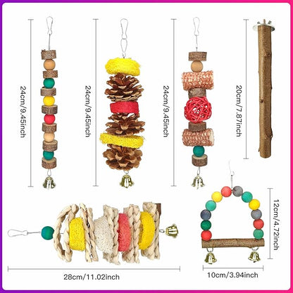 JOREWOOD 7 Pcs Natural Wood Bird Toy & Perch for Parakeets, Cockatiel & Lovebird, Budgie Play Accessory for Small Parrots Indoor Cage
