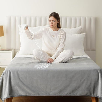 Water Proof Blanket 50x60 Inches - Reversible Flannel Blanket for Bed, Sofa,Couch- Spillproof, Leakproof Soft Double-Sided Light Grey Throw Blanket for Adults, Pets, Couples