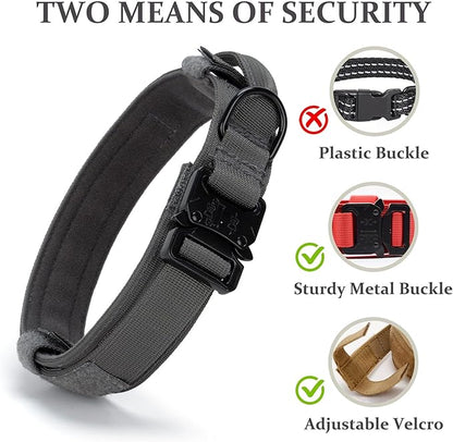 Tactical Dog Collar, Adjustable Military Training Nylon Dog Collar with Control Handle and Heavy Quick-Release Metal Buckle for Small Medium Large Dogs, Grey S