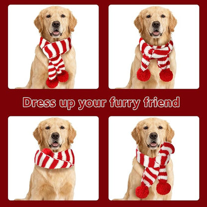 BWOGUE 2-Piece Knitted Dog Christmas Scarf & Bandana with Red and Green Pom Poms for Medium/Large Dogs - Winter Warm Holiday Pet Costume Accessory (Red, Green)