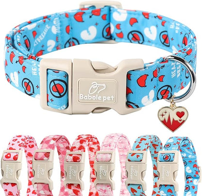 Valentines Dog Collar, Blue Heart Dog Collar, Cute Loving Heart Printed Collar with Quick Release Plastic Buckle for Boys&Girls Dogs, X-Large