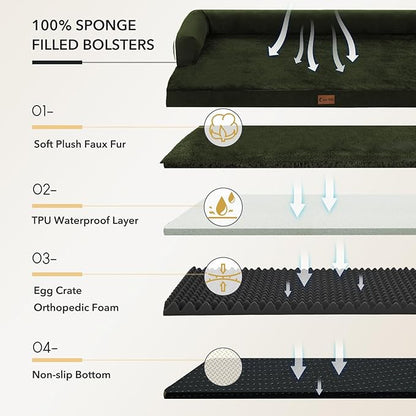 Orthopedic Dog Beds for Extra Large Dogs, Waterproof Egg Crate Foam XL Dog Bed with Sides 41x27Inch, Washable Big Dogs Couch Beds with Removable Cover and Nonskid Bottom, Olive Green