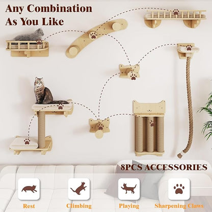 BYBYME Cat Climbing Wall Set Made of Natural Wood, 8 Pcs Sturdy Furniture with Scratching Posts, Kitten Platform, 100CM Sisal Rope and Cat Bed for Cats Sleeping, Playing, and Lounging（Natural Wood）