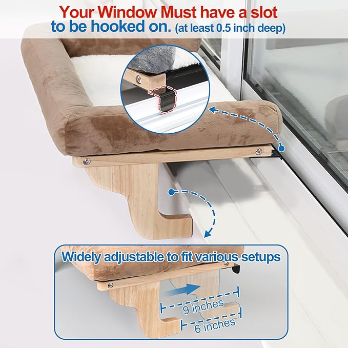 Zakkart Cat Perch for Window Sill with Bolster - Orthopedic Hammock Design with Premium Hardwood & Robust Metal Frame - Cat Window Seat for Large Cats - Natural Color Wood Brown Bed, XLarge 26.4''W