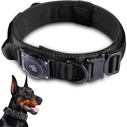 2025 Upgrade Waterproof AirTag Dog Collar, Military Tactical Dog Collar with AirTag Holder, Comfortable Control Handle and Metal Buckle, GPS Dog Collar Holder for Medium to Large Dogs (Black, L)