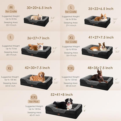EHEYCIGA Orthopedic Dog Bed for Large Sized Dog, 36x27x7 Inch Large Memory Foam Dog Couch Bed with Sides, Waterproof Liner & Washable Removable Cover, Bolster Pet Sofa, Grey/Black