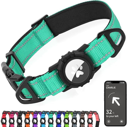 Joytale Airtag Dog Collar, Reflective Pet Collar with Waterproof AirTag Holder, Dual D-Rings, Soft Padded Adjustable for Large Dogs, Teal, L