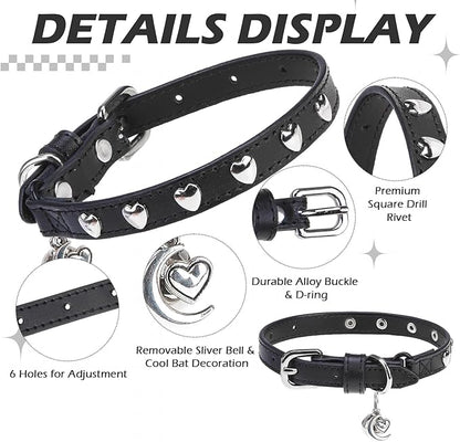 EXPAWLORER Leather Cat Collar for Girl Boy- Adjustable Pet Collar with Safety Elastic Belt,Personalized Heart Accessories Buckle Collars with Bell & Durable D-Ring,Heart (Black)