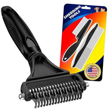 3PCS Pet Grooming Rake & Metal Comb & Flea Comb for Cats and Dogs, Double-Sided Dematting Tool, Extra-Wide Deshedding Dog Brush for Long Hair to Effectively Remove Tangles, Knots and Mats (Black)