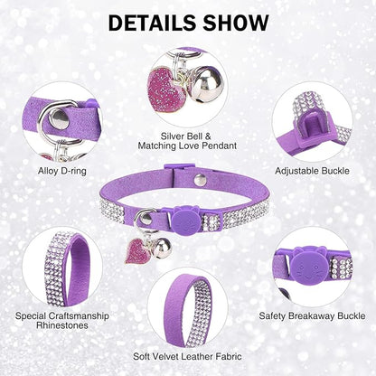 Rhinestone Cat Collar Breakaway with Bell, Diamond Cat Collar with Safety Buckle Quick Release for Girl Boy Small Kitten Pets Puppy,Cute Soft Female Male Cat Collars, Color Purple 8-12"