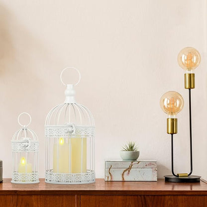 Sliner 4 Pcs Birdcage Candle Holder Valentine Decorative Bird Cages for Weddings Vintage Candlestick Holders Metal Lanterns Model Wedding Candle Centerpieces for Tables Valentine Home Decor(White)